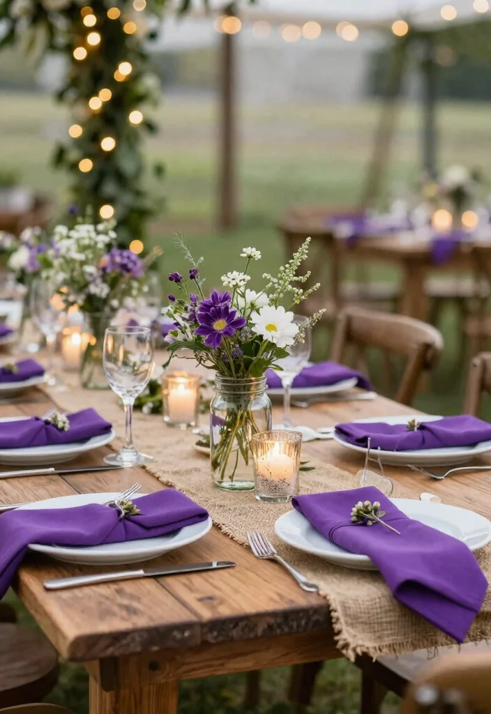 17 Purple and White Wedding Decorations Ideas With Soft Elegance - 3. Table Settings with a Rustic Touch 1