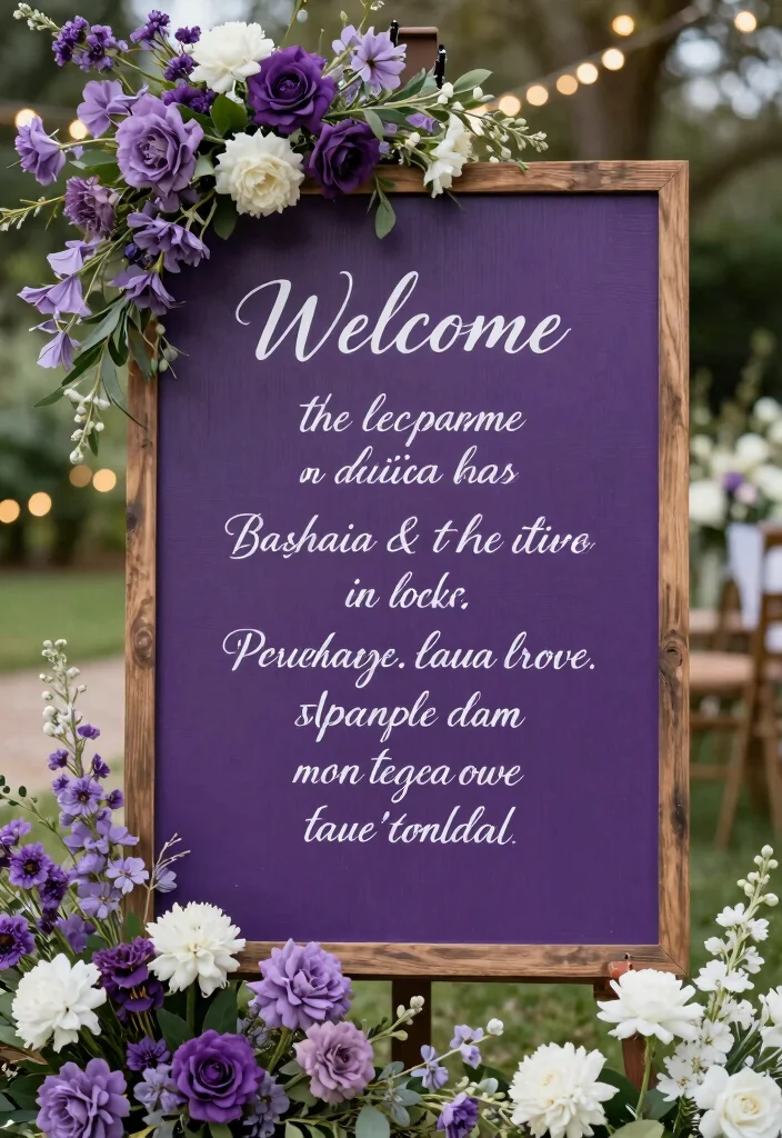 17 Purple and White Wedding Decorations Ideas With Soft Elegance - 4. Chic Wedding Signage 1