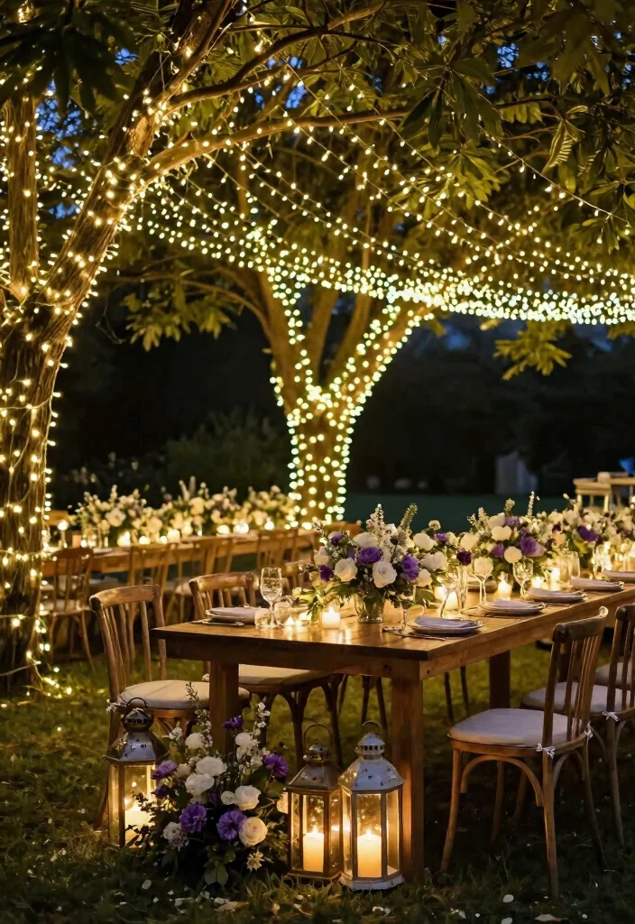 17 Purple and White Wedding Decorations Ideas With Soft Elegance - 5. Twinkling Fairy Lights 1