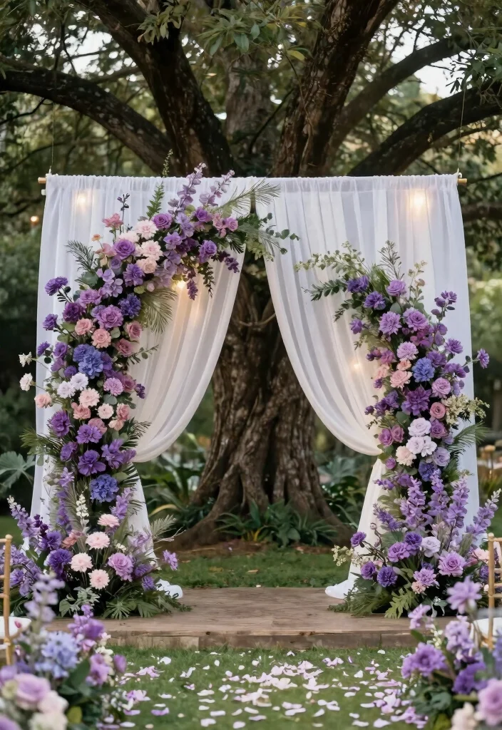 17 Purple and White Wedding Decorations Ideas With Soft Elegance - 9. Ceremony Backdrops 1