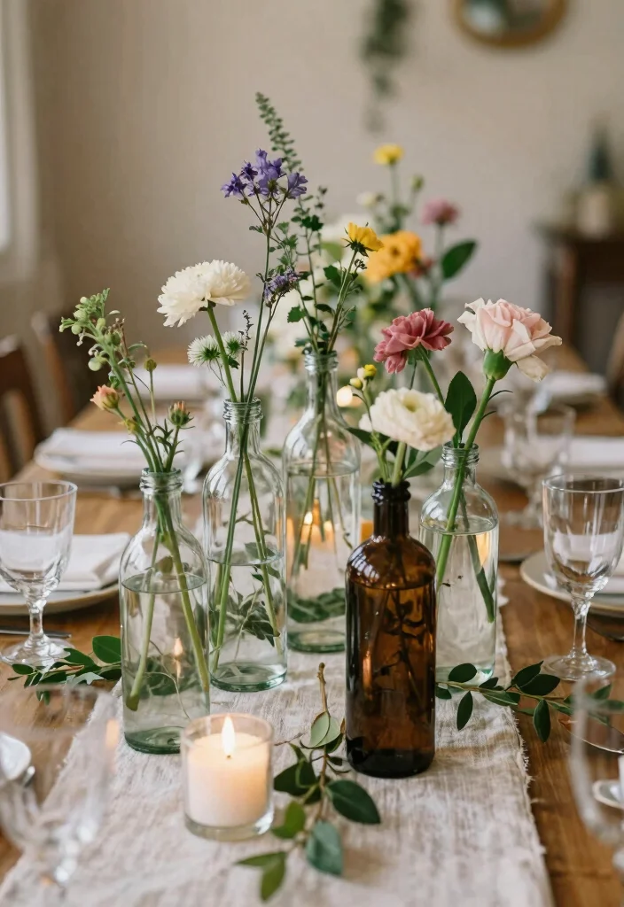 17 Wedding Table Decoration Ideas That Look Elegant - 9. Upcycled Glass Bottles as Vases 1