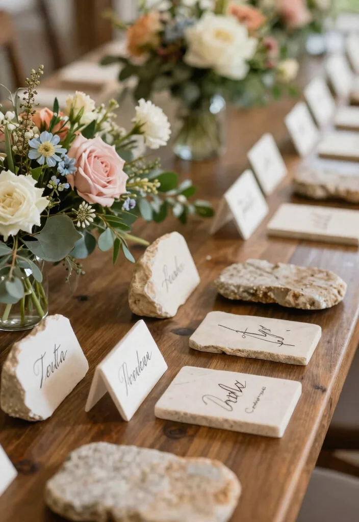 18 Fall Wedding Table Decorations Ideas With Autumn Warmth - 11. Natural Stone Place Cards 1