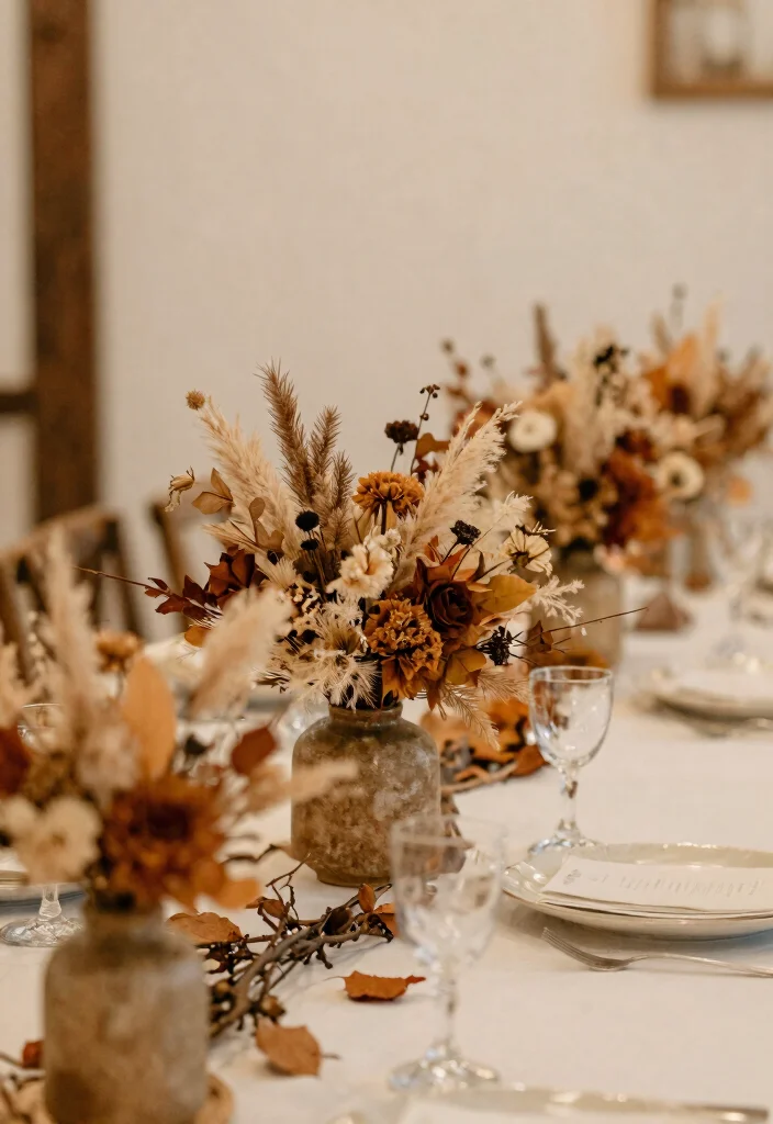 18 Fall Wedding Table Decorations Ideas With Autumn Warmth - 15. Dried Floral Arrangements 1