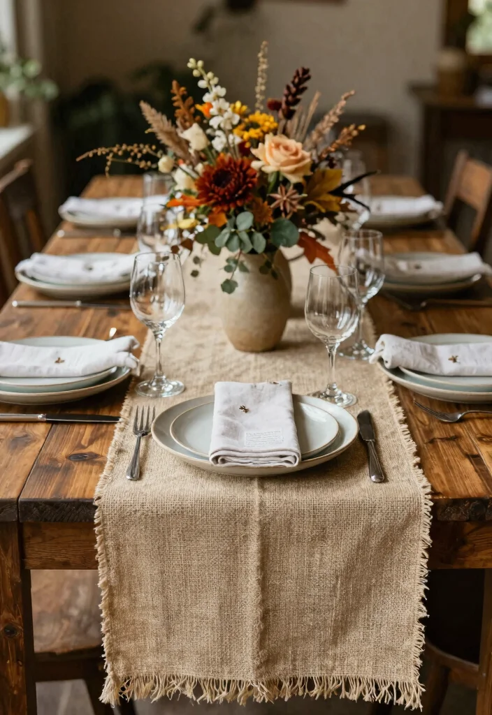 18 Fall Wedding Table Decorations Ideas With Autumn Warmth - 4. Table Runners Crafted from Natural Fabrics 1