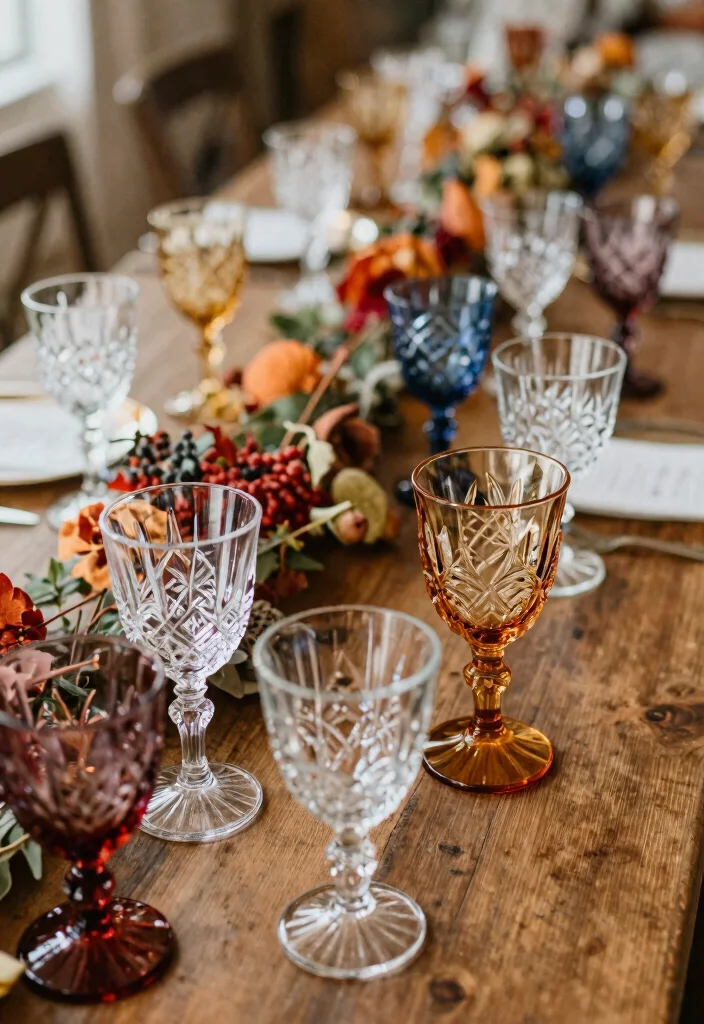 18 Fall Wedding Table Decorations Ideas With Autumn Warmth - 5. Vintage Glassware for a Timeless Touch 1