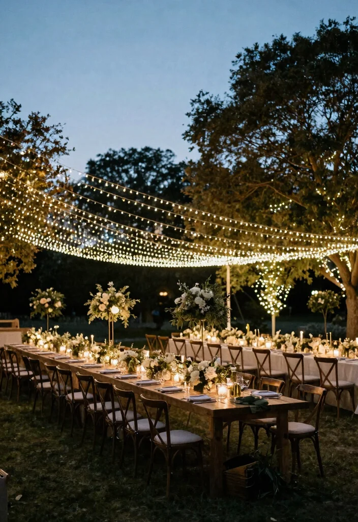 18 Farm Wedding Decorations Ideas With Rustic Charm - 17. Twinkling Canopy Lights 1
