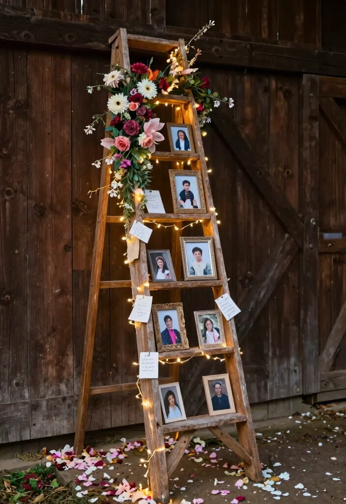 18 Farm Wedding Decorations Ideas With Rustic Charm - 2. Vintage Ladder Display 1