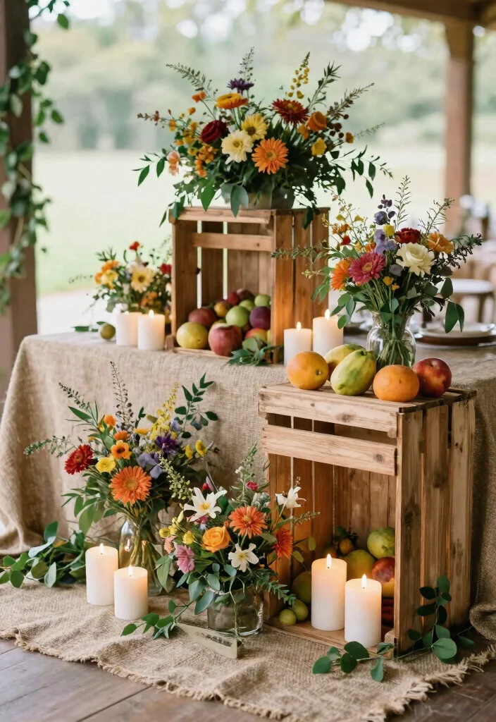 18 Farm Wedding Decorations Ideas With Rustic Charm - 3. Wooden Crates as Centerpieces 1