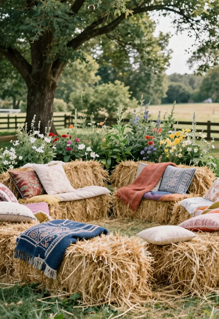 18 Farm Wedding Decorations Ideas With Rustic Charm - 8. Hay Bale Seating 1