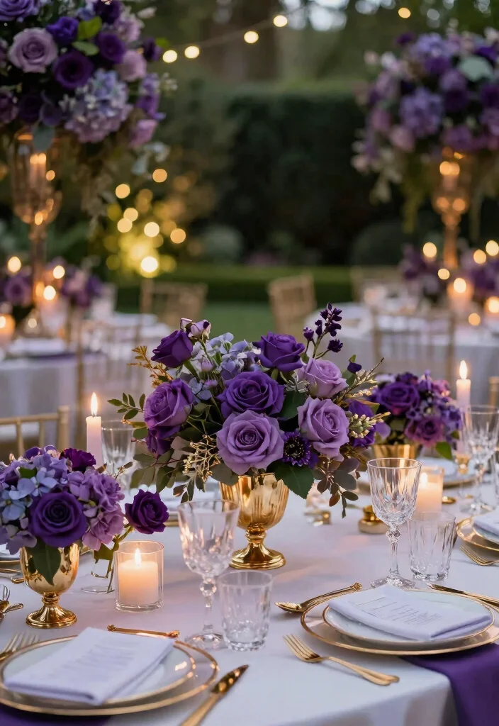 18 Purple and Gold Wedding Decorations Ideas With Regal Glam - 1. Regal Purple Floral Arrangements 1