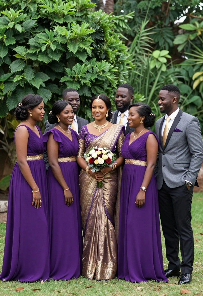 18 Purple and Gold Wedding Decorations Ideas With Regal Glam - 12. Stylish Wedding Party Attire 1