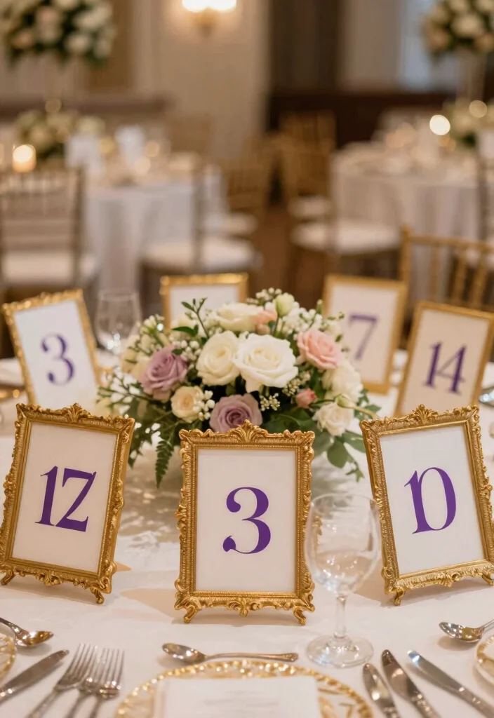 18 Purple and Gold Wedding Decorations Ideas With Regal Glam - 17. Exquisite Table Numbers 1