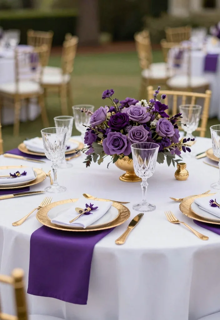 18 Purple and Gold Wedding Decorations Ideas With Regal Glam - 4. Elegant Table Settings 1