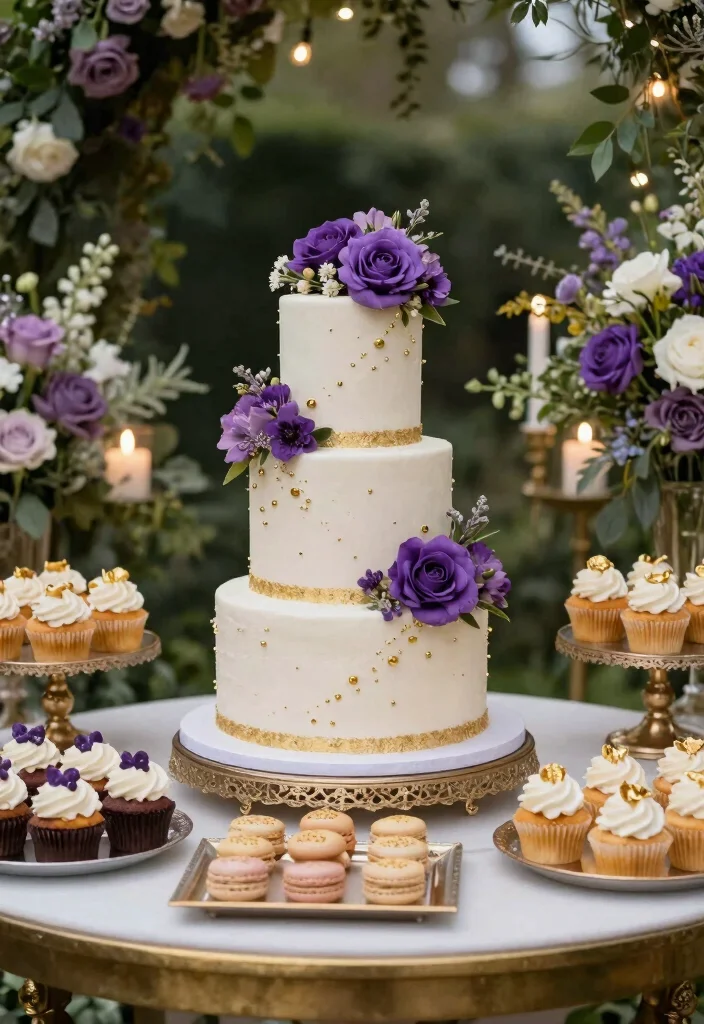 18 Purple and Gold Wedding Decorations Ideas With Regal Glam - 9. Themed Cake and Dessert Table 1