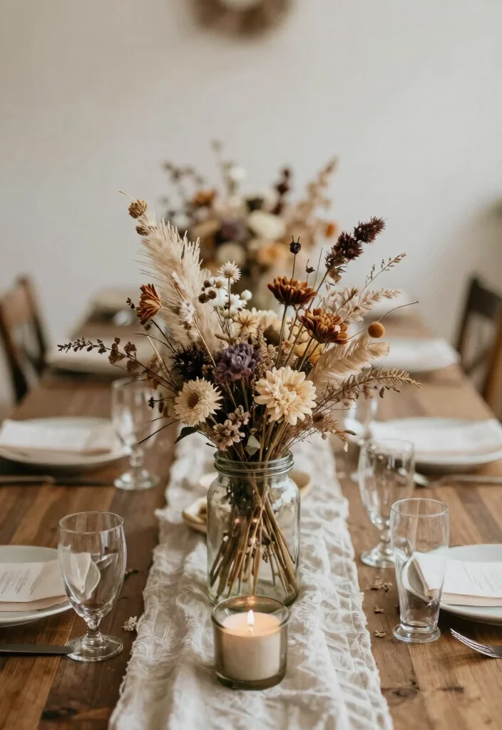 18 Wedding Flower Arrangements Table Ideas With Lush Blooms - 12. Dried Flower Centerpieces 1