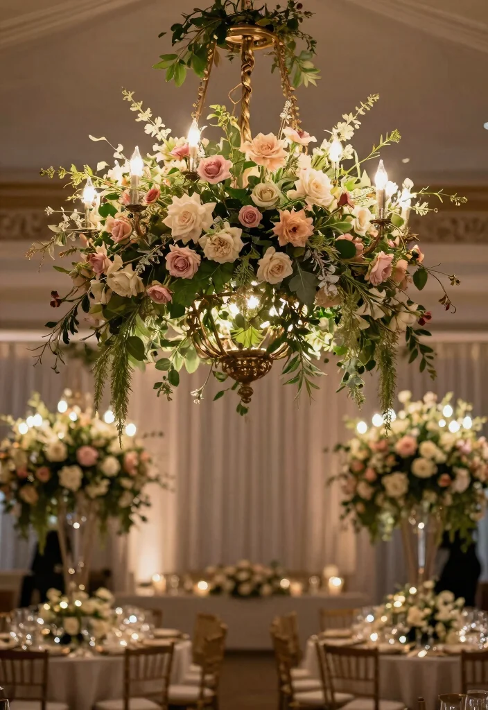 18 Wedding Flower Arrangements Table Ideas With Lush Blooms - 13. Eco-Friendly Floral Chandeliers 1