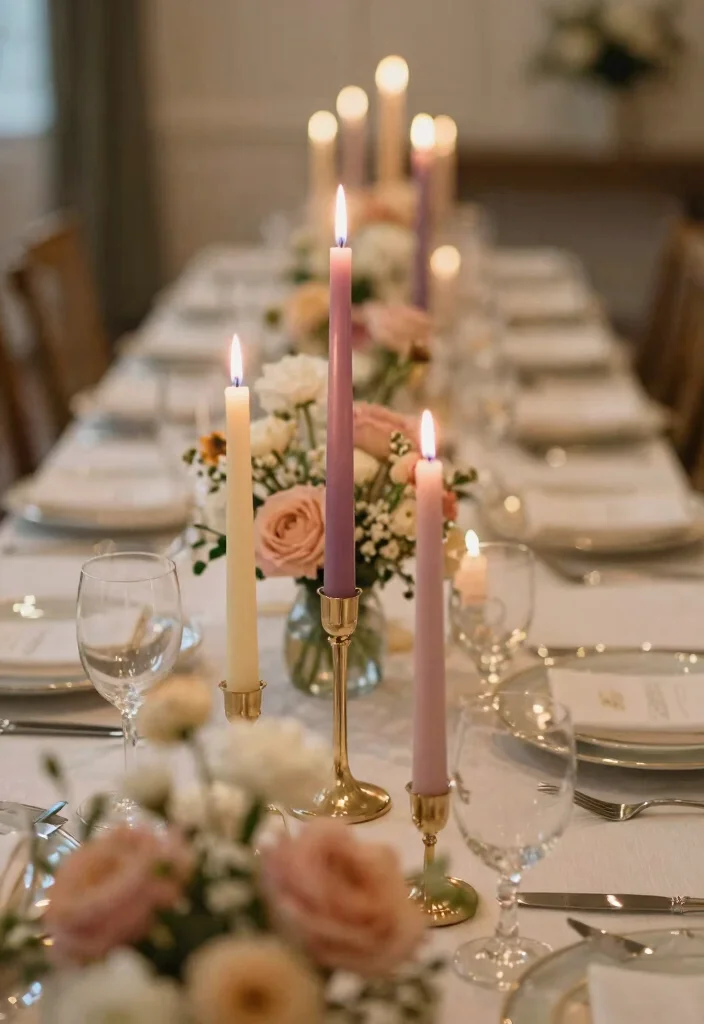 18 Wedding Flower Arrangements Table Ideas With Lush Blooms - 14. Colorful Taper Candles With Floral Accents 1