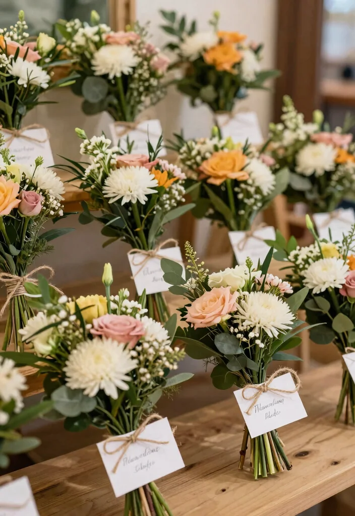 18 Wedding Flower Arrangements Table Ideas With Lush Blooms - 18. Personalized Flower Favors 1