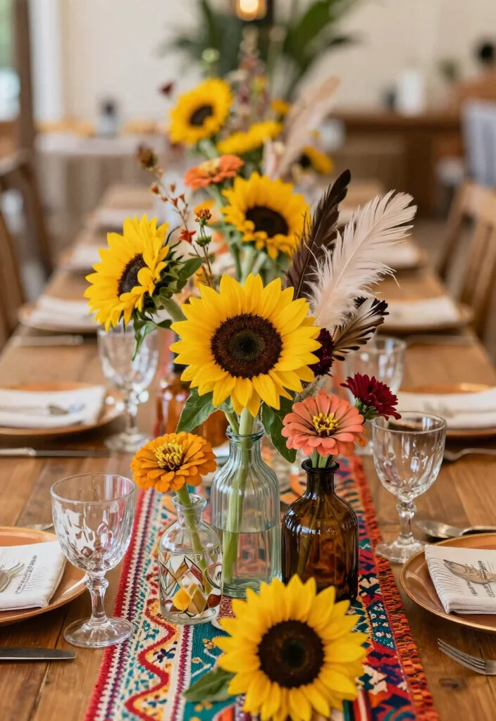 18 Wedding Flower Arrangements Table Ideas With Lush Blooms - 4. Vibrant Bohemian Blooms 1
