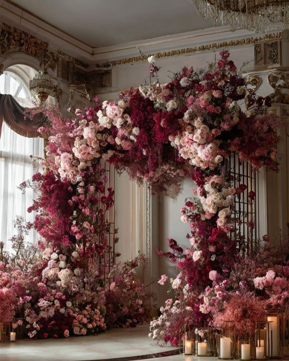 A massive floral archway featuring burgundy and blush pink flowers in an elegant indoor setting.
