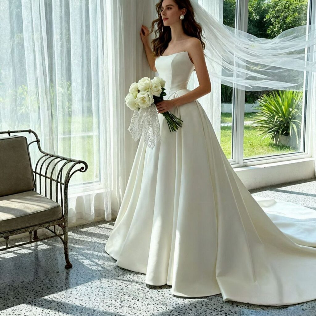 A woman in a white satin wedding dress with a long chapel train holding white roses.