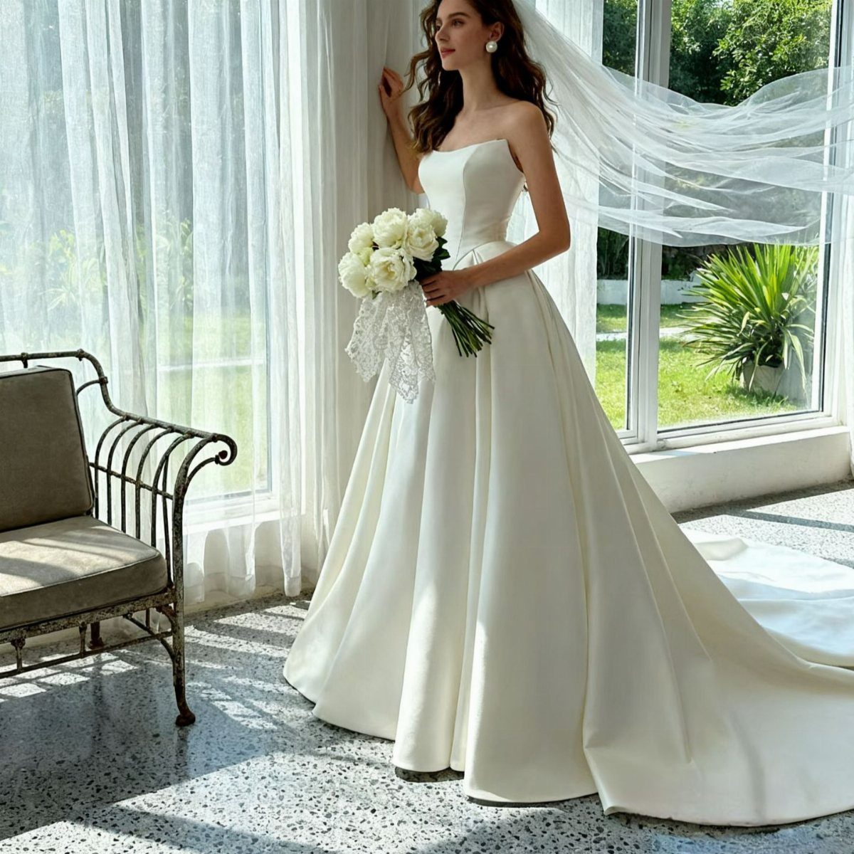 A woman in a white satin wedding dress with a long chapel train holding white roses.