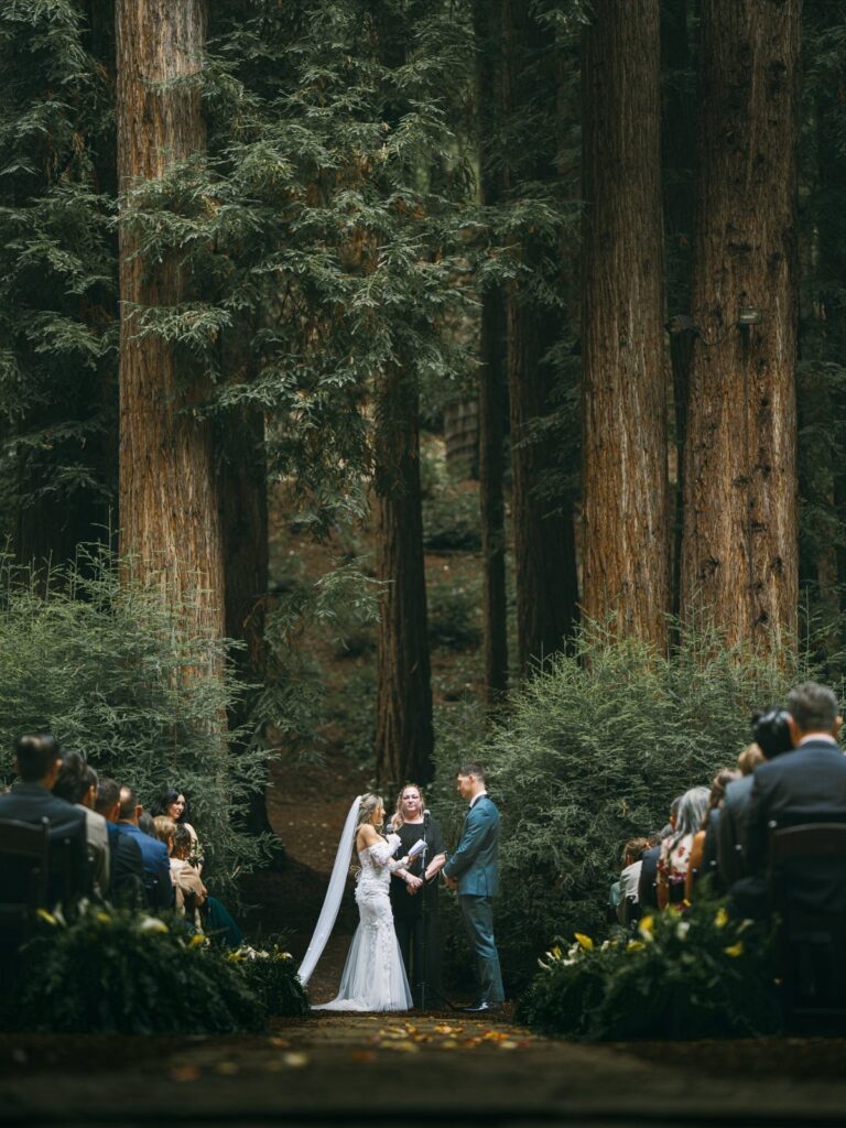 A bride and groom exchange vows during a wedding ceremony in a redwood forest clearing.