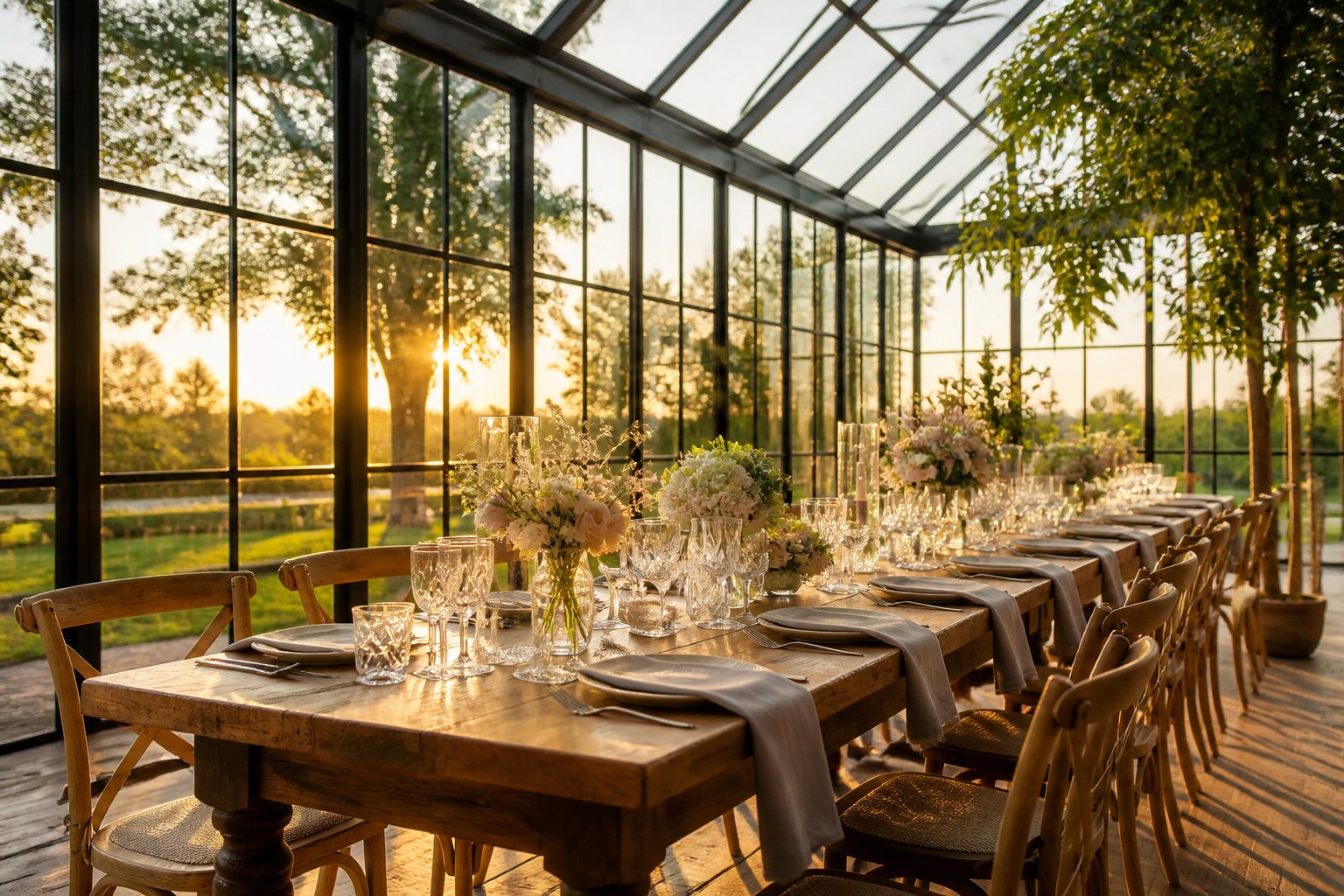 A glass house wedding venue with transparent walls and ceilings.