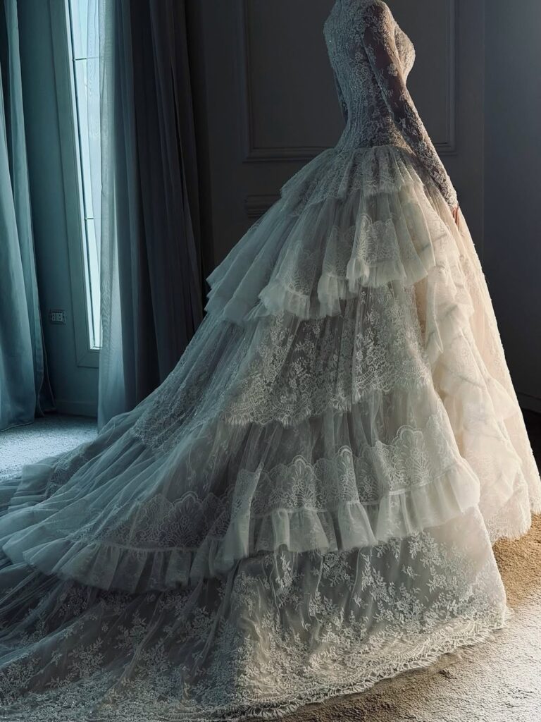 A white lace ball gown with tiered ruffles and a long train in a room.