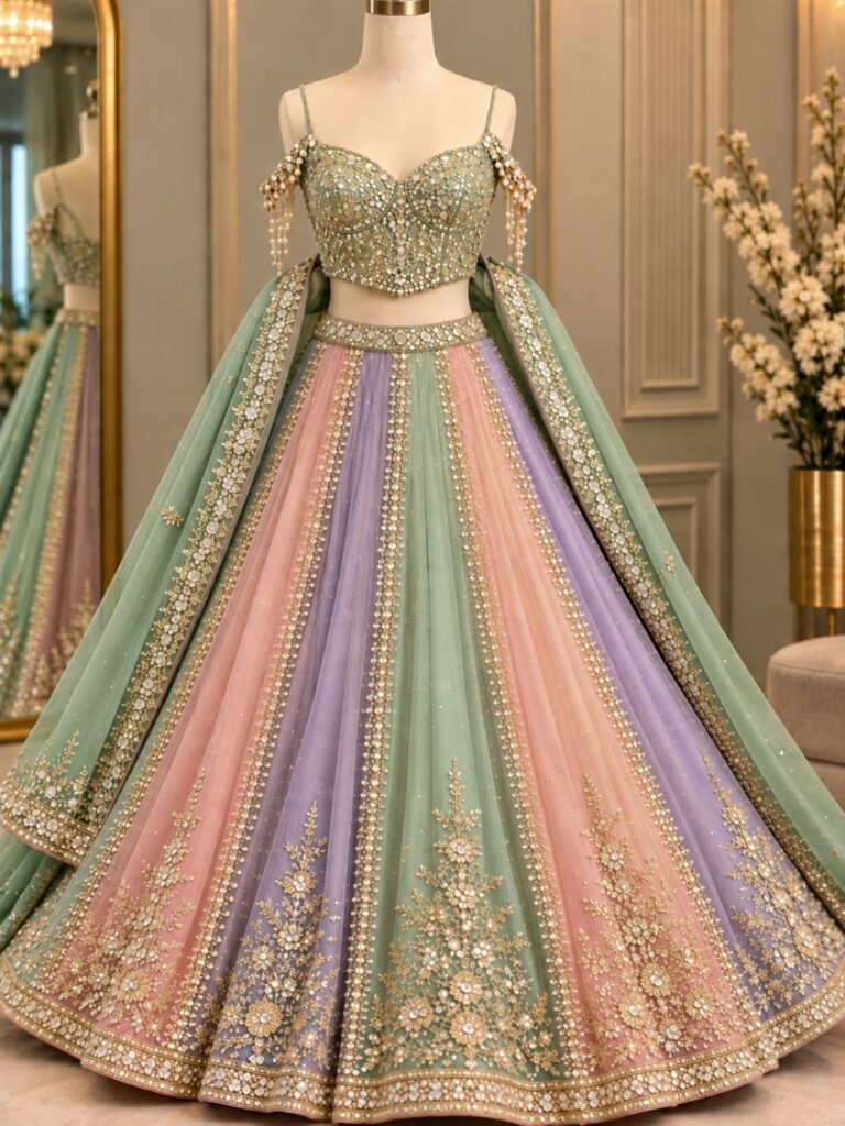 A beaded sage green crop top and multi-colored pastel lehenga skirt on a mannequin.
