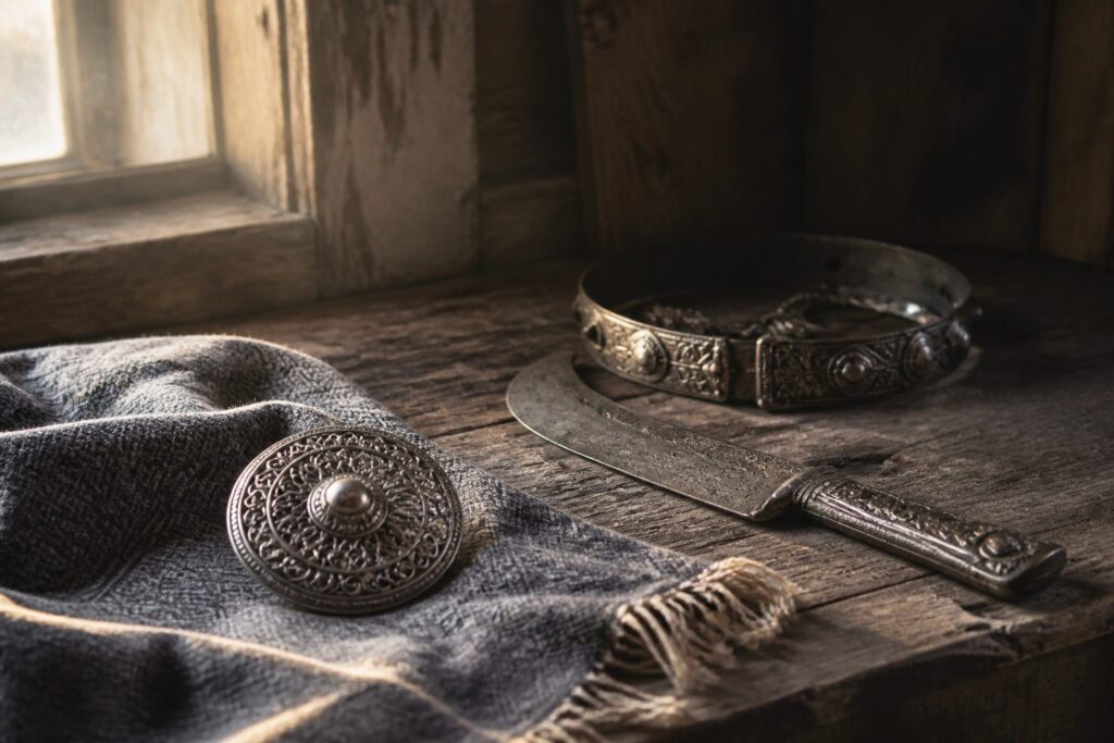 Norse wedding scene featuring traditional rituals, guests, and decorations.