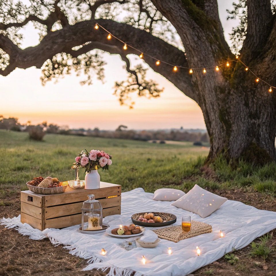 A picnic setup on a white blanket under a large tree at sunset with food and flowers.