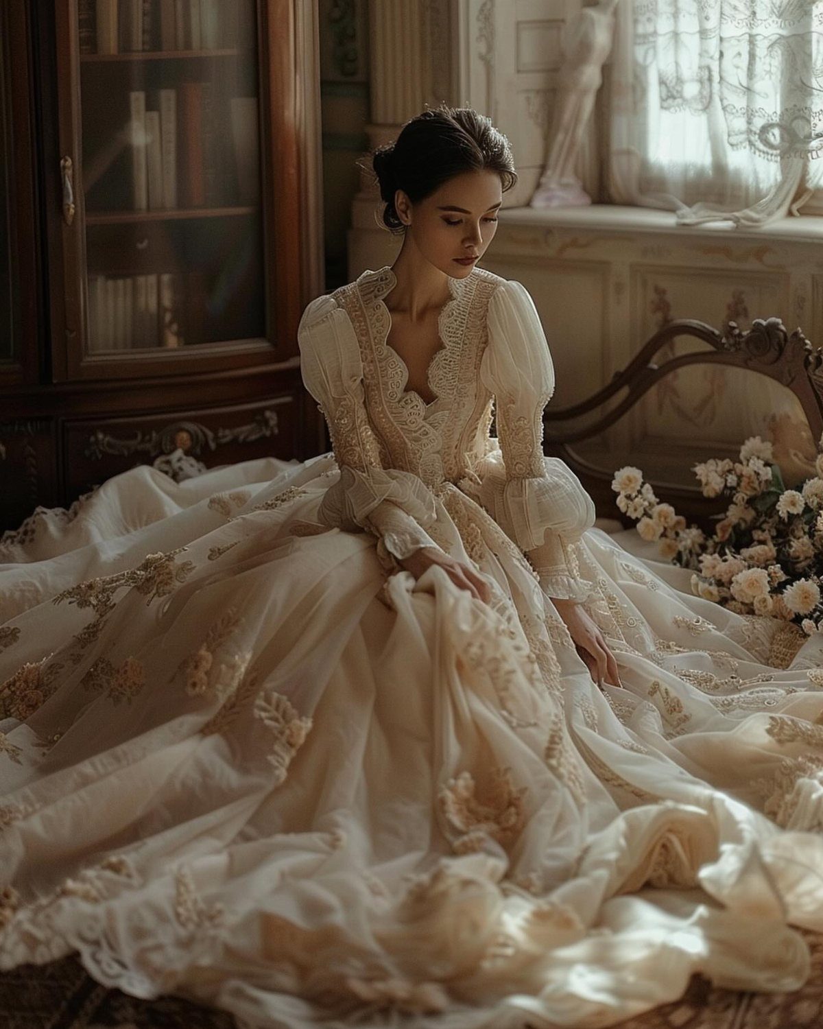 Woman wearing an ivory lace wedding dress with large puffed sleeves sitting in a vintage room.