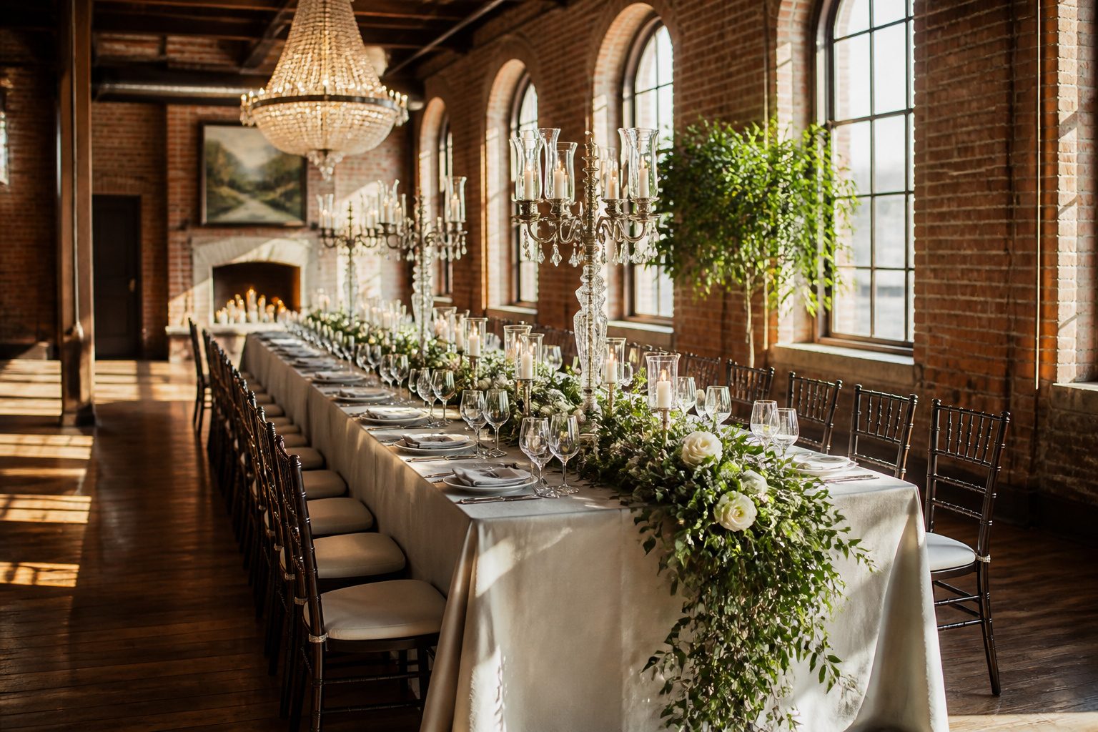 Elegant wedding banquet hall with tables set for a formal event.