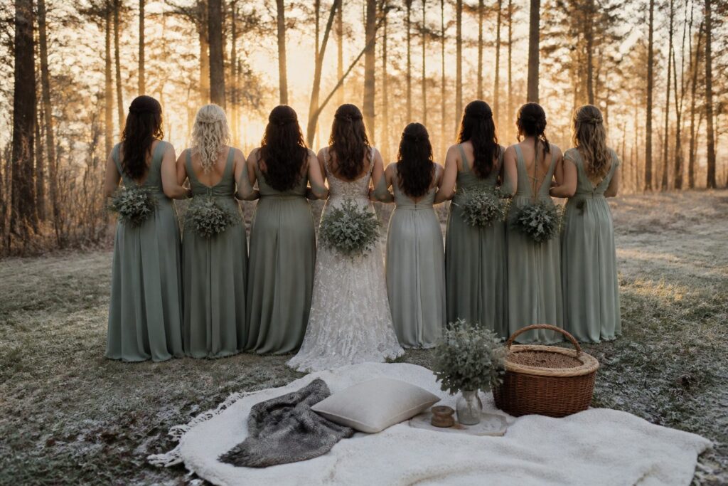 Bridal party in coordinated dresses standing in a colorful garden.
